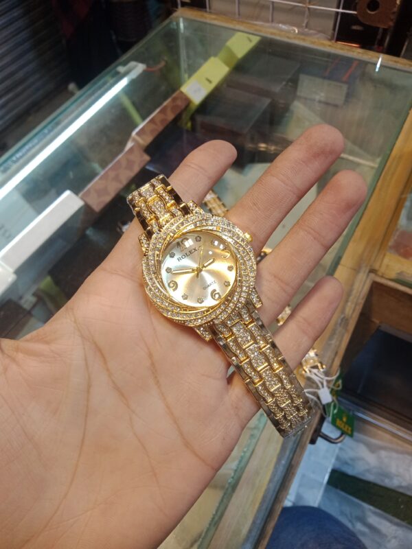 Gold Rolex-Inspired Diamond Quartz Women's Wristwatch